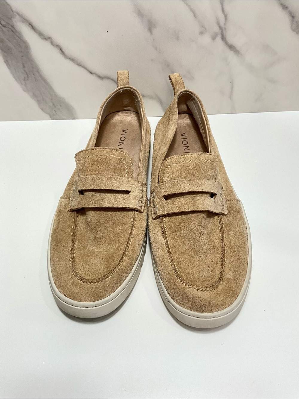 VIONIC Uptown Suede Penny Loafers Tan Slip On Comfort Shoes Size 9